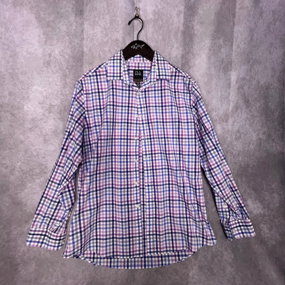 Jos. A. Bank Button Down Shirt Mens Medium Purple Blue Check Traveler Tailored - Picture 2 of 9